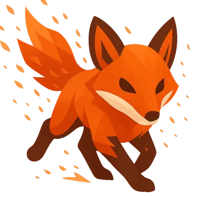 Faber's mark, an ember-orange faceted fox mid-stride