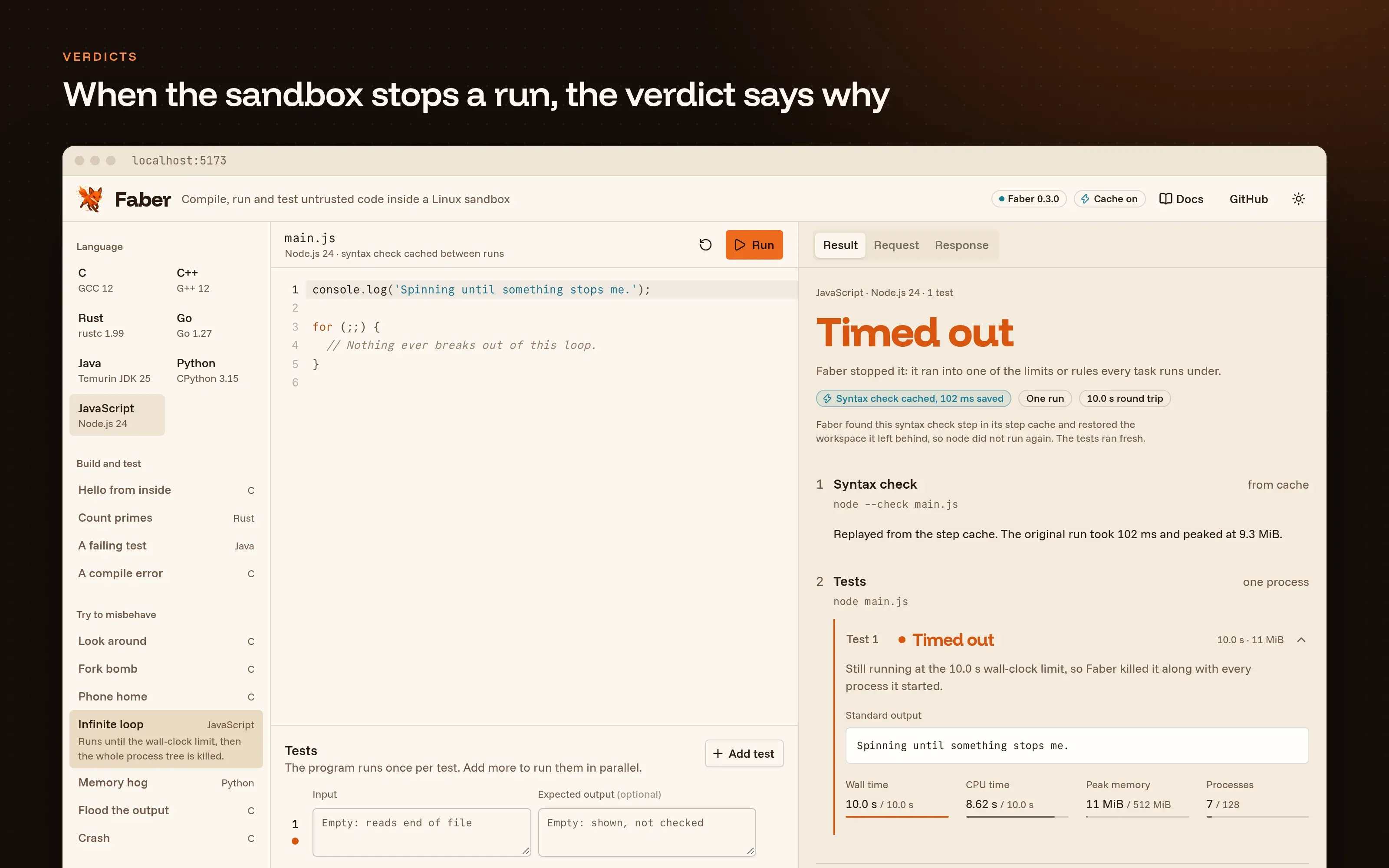 Faber's demo app showing a JavaScript program stopped at its 10-second wall-clock limit. The verdict reads Timed out; the syntax check step was replayed from the step cache; wall time, CPU time, peak memory and process count are shown against their limits.